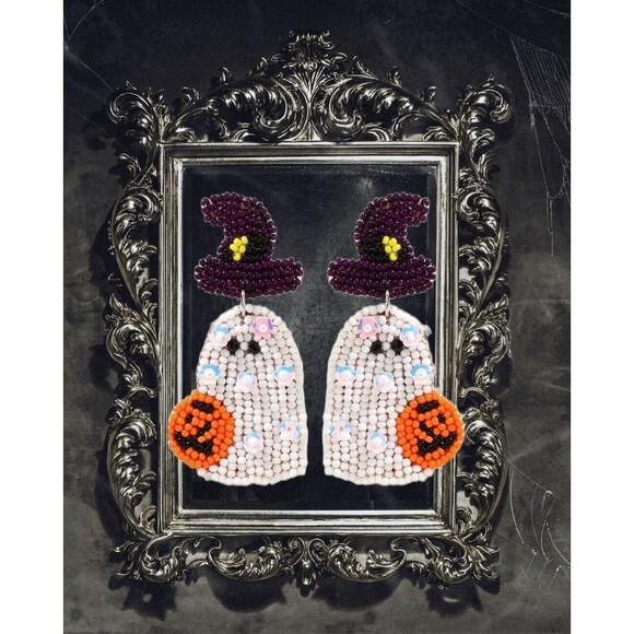 Spooky-Cute Sequin Beaded Ghost/Witch With Pumpkin Pierced Dangle Earrings NWT - Picture 3 of 4
